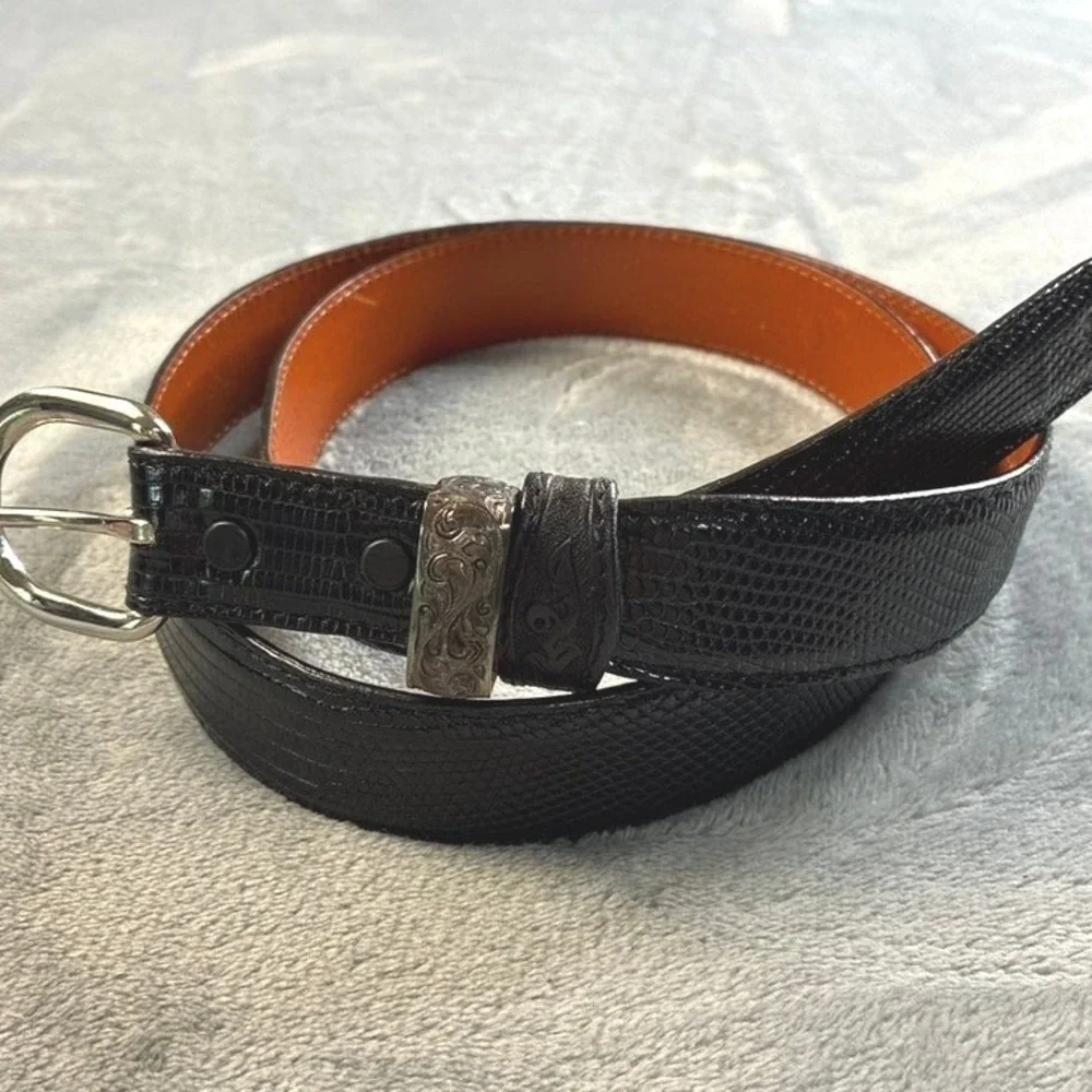 JW Cooper Mens Black Genuine Lizard‎ Skin Western Belt Silver Buckle Size 42 USA